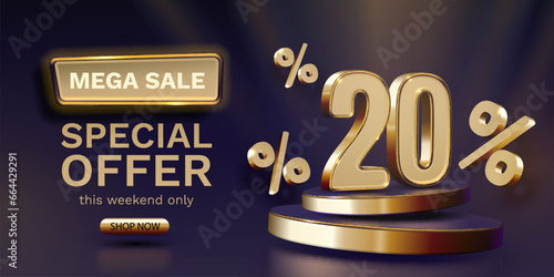 Mega sale, 20 special offer banner. Golden sign board promotion. Vector illustration