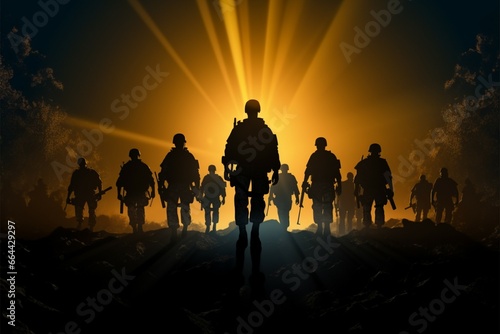 Silhouetted army soldiers command attention with their unwavering presence