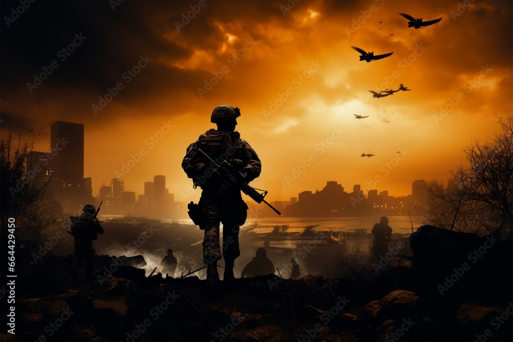 Silhouetted forces warrior, symbolizing valor and resilience amidst conflict