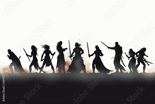 Silhouetted fantasy figures take shape against an ethereal white backdrop