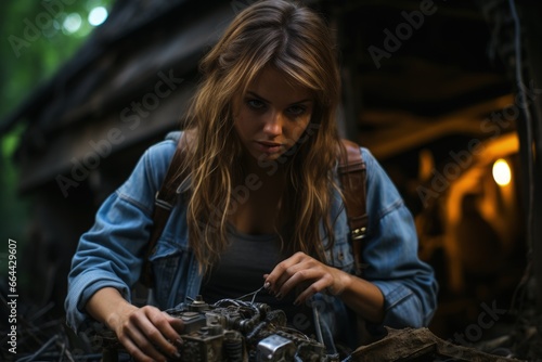 The young girl broke the car and she opened the hood and tried to repair the car on the road