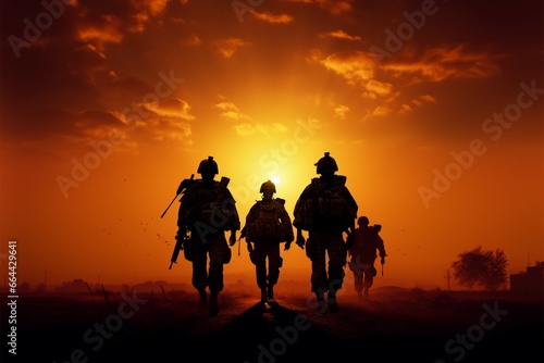Silhouetted soldiers  a unit  under the captivating sunsets warm hues