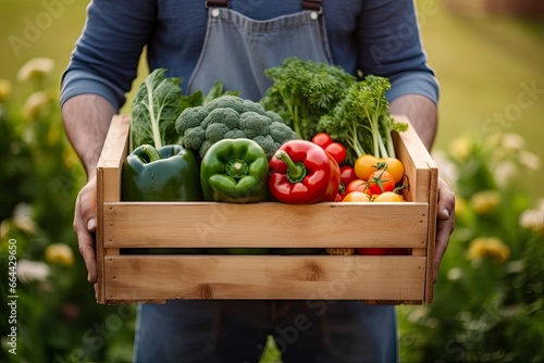 Farmer man holding wooden box full of fresh raw vegetables. © MDBILLAL