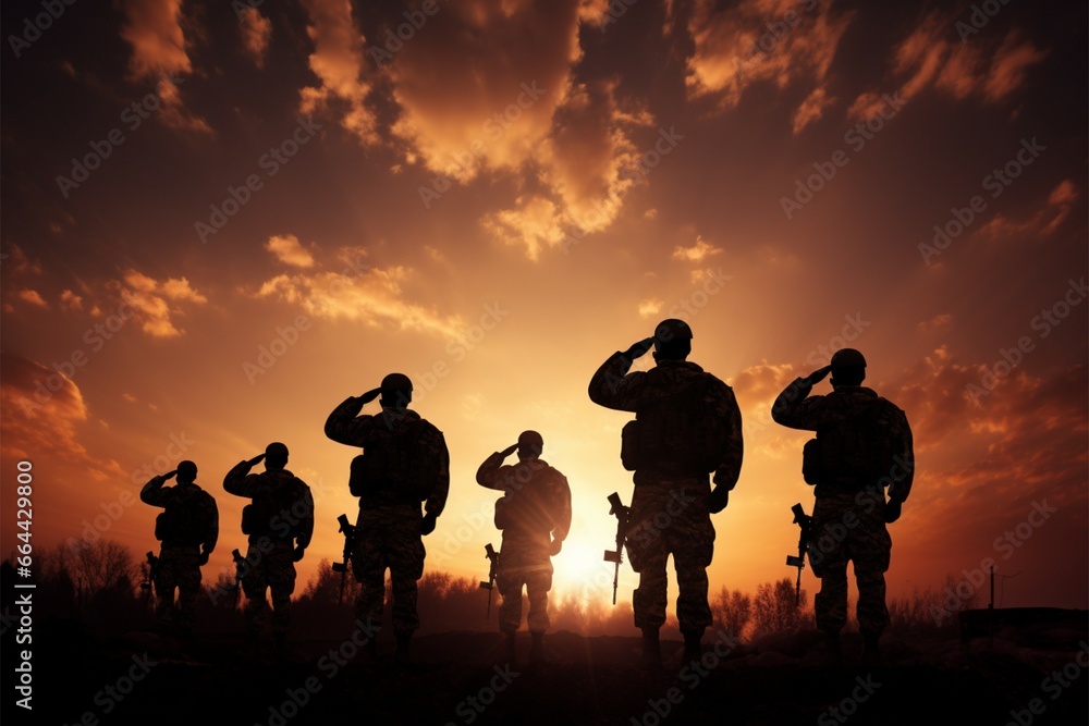 Silhouetted soldiers salute under the warm hues of a setting sun