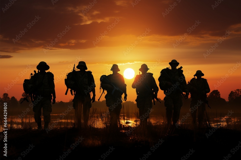 Silhouetted soldiers on a sun kissed field, guardians of twilights peace