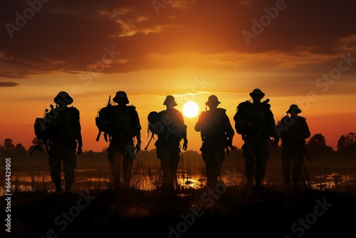 Silhouetted soldiers on a sun kissed field, guardians of twilights peace