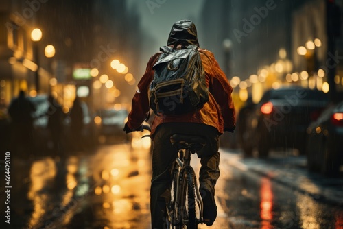 A man riding a bicycle on a rainy evening street