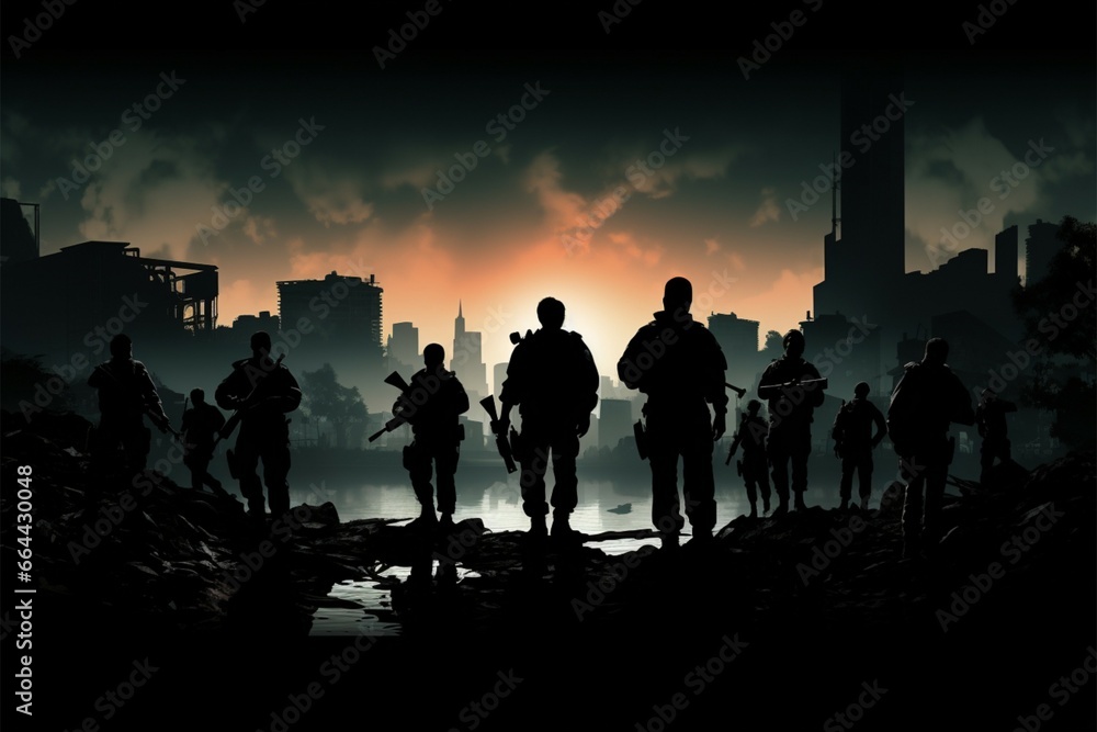 Silhouetted troops, urban setting, guns symbolize protection and vigilance Silhouetted troops, urban setting, guns symbolize protection and vigilance