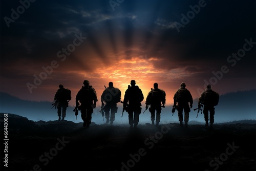 Silhouetted warriors project a formidable and synchronized military team