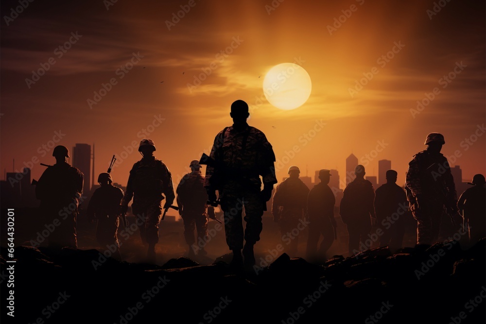 Silhouettes of soldiers holding flags, honoring Veterans Day and sacrifice Silhouettes of soldiers holding flags, honoring Veterans Day and sacrifice