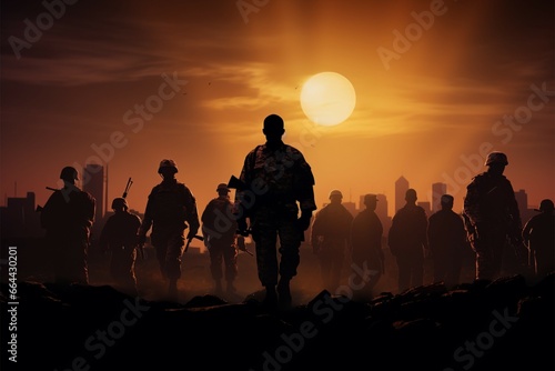 Silhouettes of soldiers holding flags, honoring Veterans Day and sacrifice