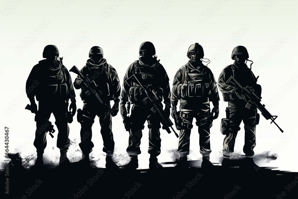 Soldier silhouettes in vector art, poised with powerful firearms Soldier silhouettes in vector art, poised with powerful firearms