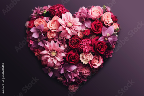 Elegant top view heart shaped bouquet of bloom flowers