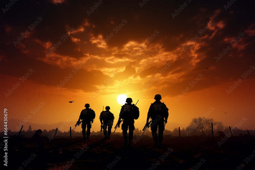 Soldiers in silhouette, united, as the sun bids farewell Soldiers in silhouette, united, as the sun bids farewell
