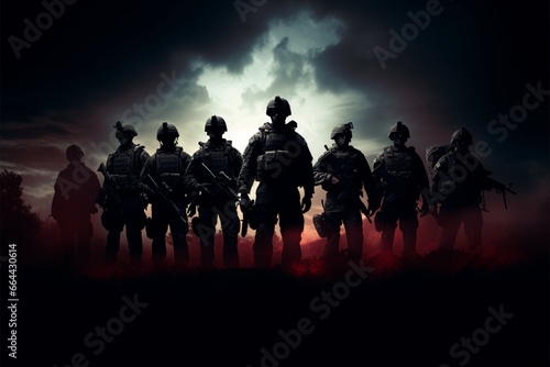 Soldiers close up silhouettes reveal their strength and determination