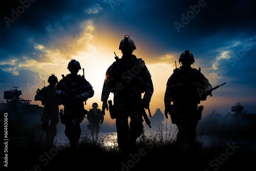 soldiers distinct silhouettes stand out alongside modern military equipment photo