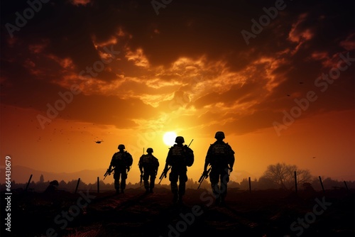 Soldiers in silhouette  united  as the sun bids farewell
