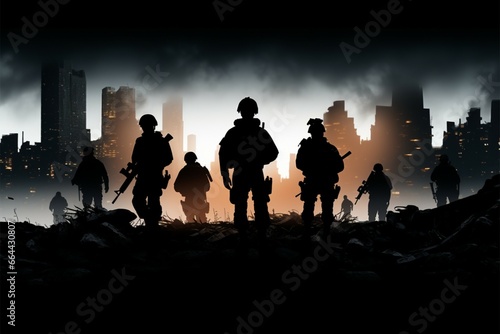 Soldiers in silhouette, urban warfare, weapons ready for protection