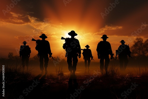 Soldiers on a sunset field  silhouettes of duty and dedication