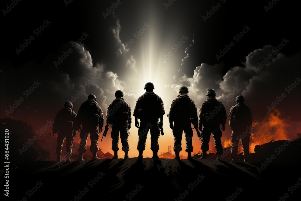Soldiers silhouette emerges boldly against the blackened background canvas - obrazy, fototapety, plakaty 