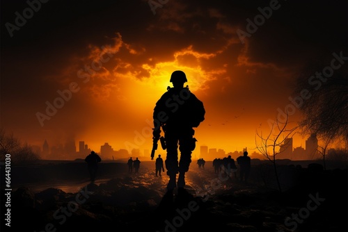 Soldiers silhouette endures, a symbol of wartime courage and strength