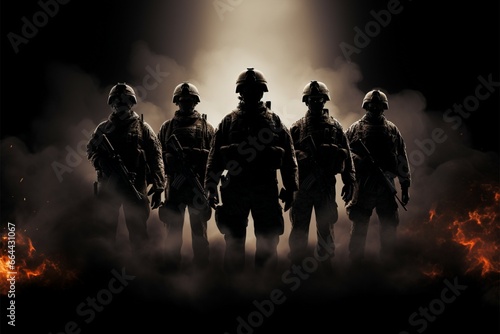 Soldiers silhouette emerges boldly against the blackened background canvas