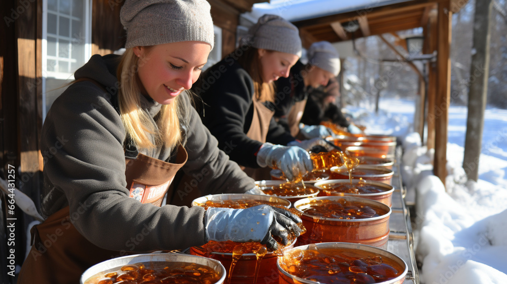 A sugaring team engaged in the meticulous process of filtering and bottling liquid gold - pure maple syrup - obrazy, fototapety, plakaty 