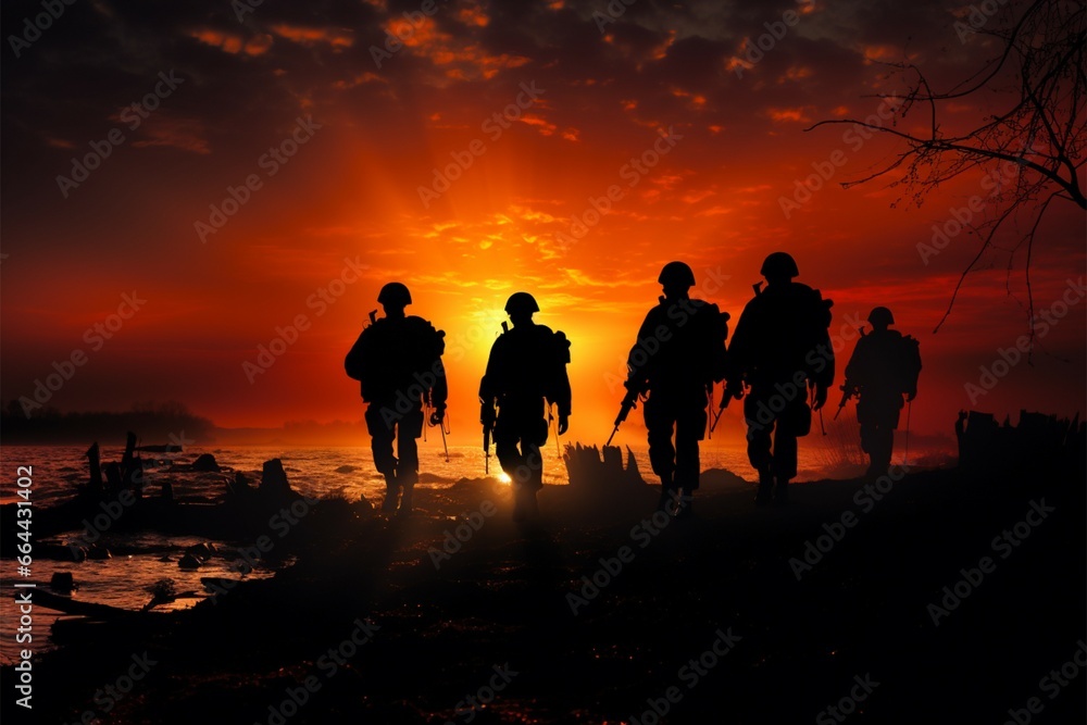 Soldiers silhouettes in Sunsets Sentinels resonate under the evening glow Soldiers silhouettes in Sunsets Sentinels resonate under the evening glow
