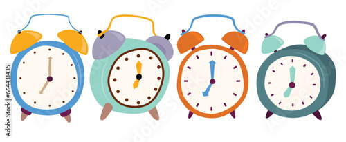 Simple cute alarm clock  set isolated on white background.