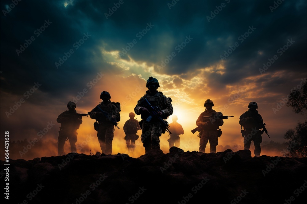 Soldiers silhouettes, resolute against a backdrop of undeniable power
