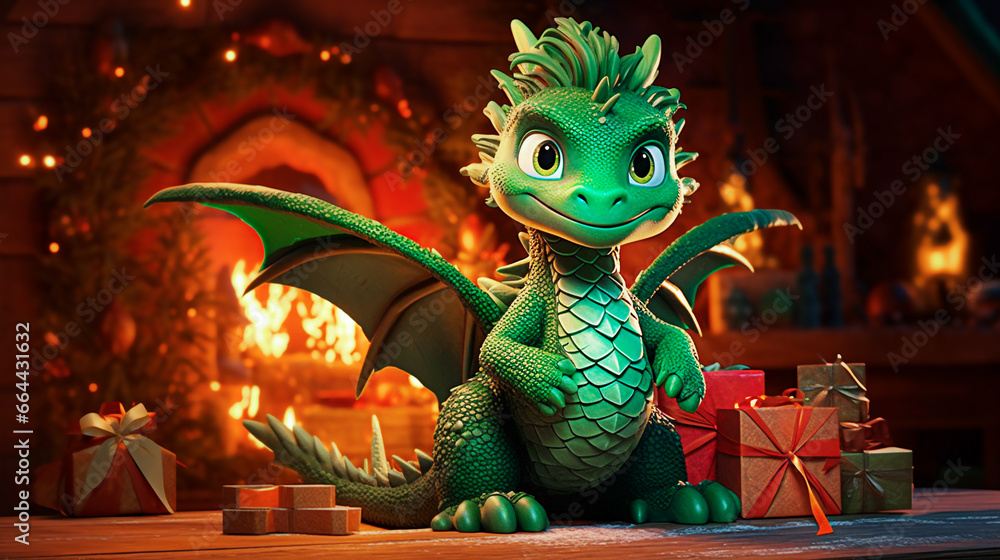 Cute green dragon with Christmas gifts and fireplace in the background