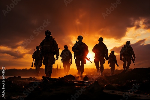 Soldiers silhouettes, resolute against a backdrop of undeniable power