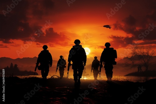 Soldiers silhouettes, resolute in Twilight Warriors, against the setting sun