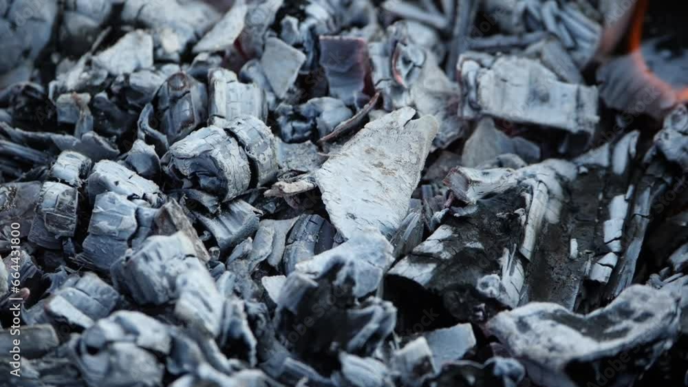 Burning wood close-up, slow motion. Charcoal ashes are on fire. The remnants of Burning wood close-up, slow motion. Charcoal ashes are on fire. The remnants of