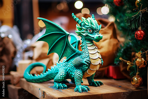 Green dragon on the background of the Christmas tree. Christmas and New Year concept. Selective focus © Slava