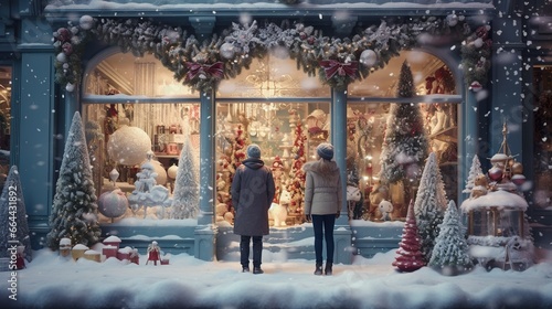 Snow-covered New Year's toy store, two people look at a window decorated with decorations photo