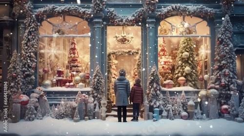 Snow-covered New Year's toy store, two people look at a window decorated with decorations