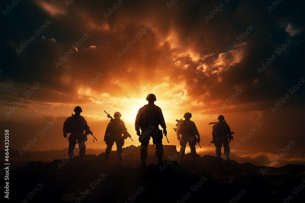 Sun kissed silhouettes of warriors stand strong on the battlefield
