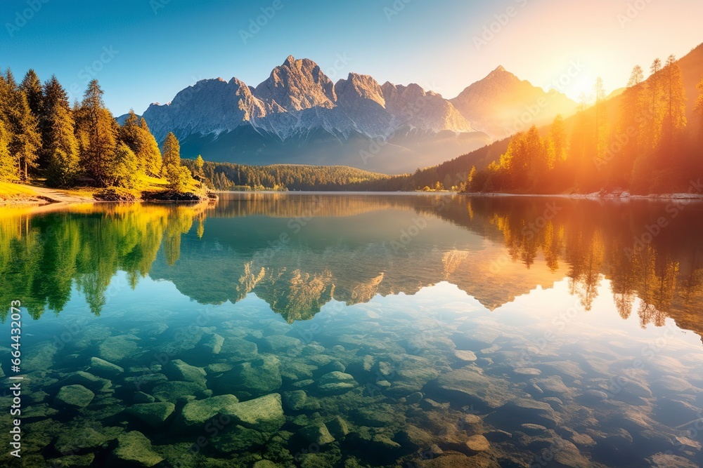 Obraz premium Impressive summer sunrise on Eibsee Lake with Zugspitze mountain range.