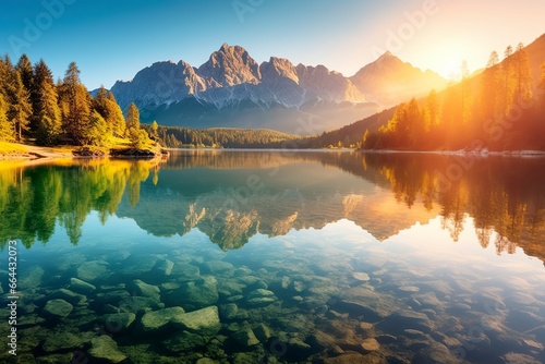 Impressive summer sunrise on Eibsee Lake with Zugspitze mountain range.