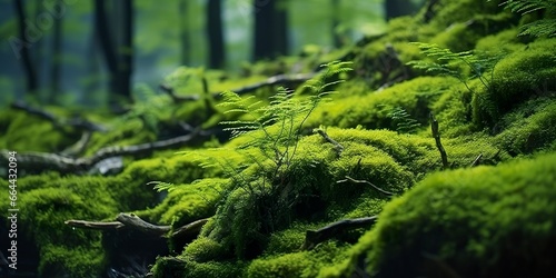 Green moss closeup, with a backdrop of woodland. Forest in the national park.