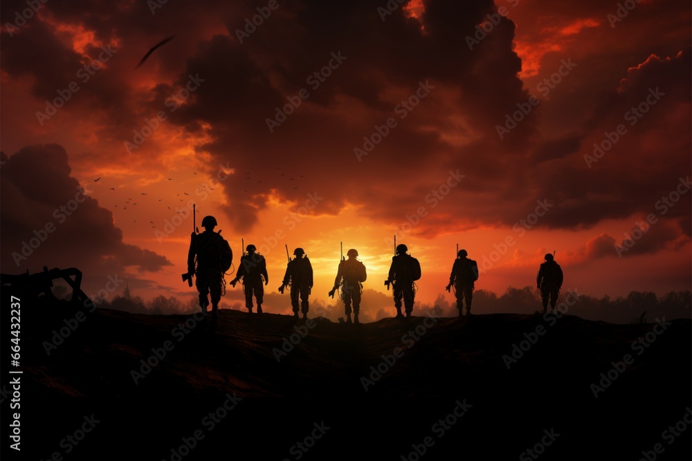Sunset sky backdrop accents the resolute presence of silhouetted troops Sunset sky backdrop accents the resolute presence of silhouetted troops