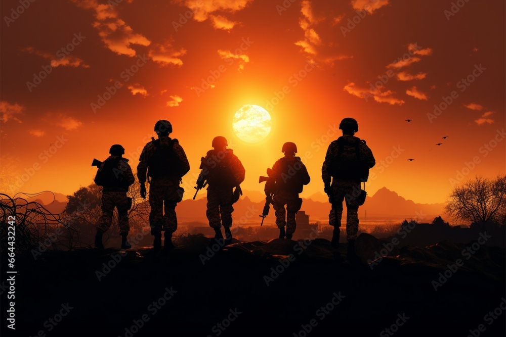 Sunsets glow highlights American soldiers silhouettes, defending with honor