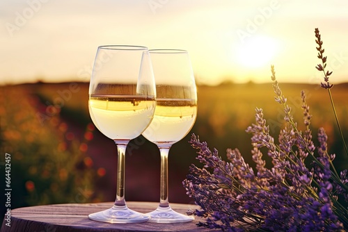  Two glasses with white wine on background of a lavender field.