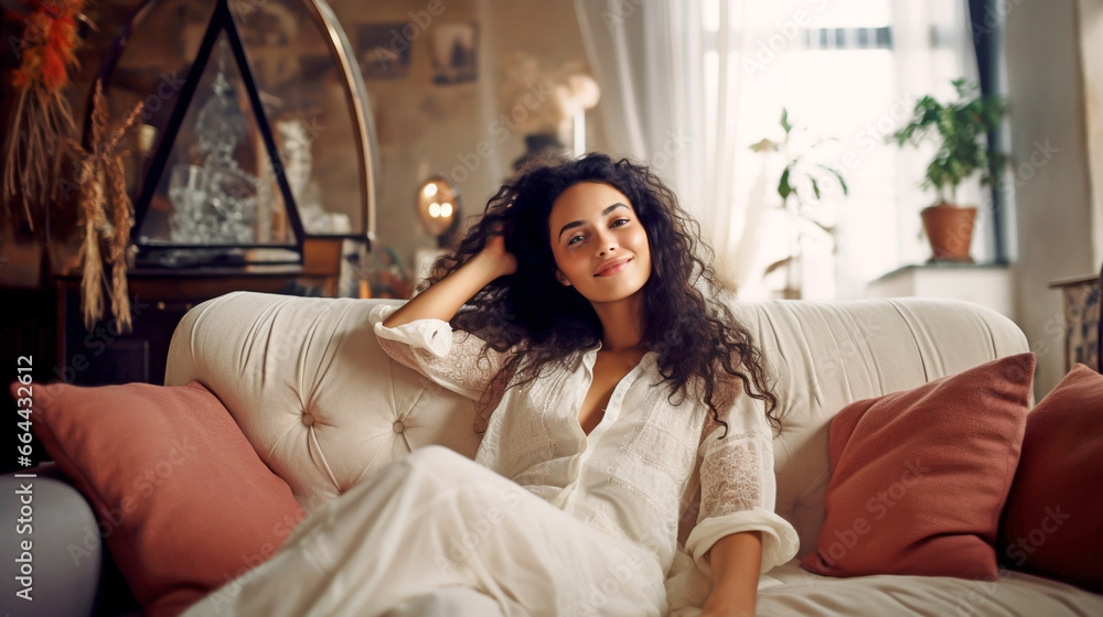 HISPANIC YOUNG WOMAN IN A RELAXED POSE RESTING ON A COMFORTABLE SOFA. HORIZONTAL IMAGE. image created by legal AI HISPANIC YOUNG WOMAN IN A RELAXED POSE RESTING ON A COMFORTABLE SOFA. HORIZONTAL IMAGE. image created by legal AI