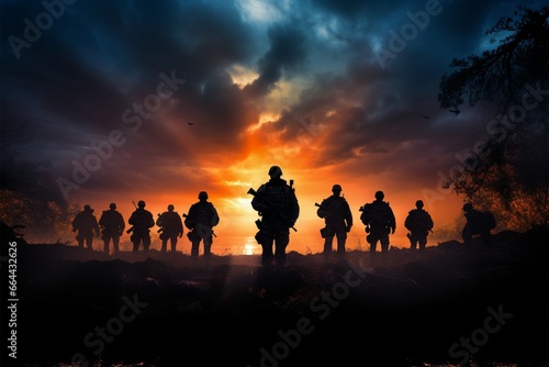 The potent backdrop amplifies the resolute aura of soldiers silhouettes photo