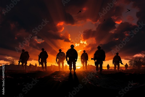 The potent backdrop amplifies the resolute aura of soldiers silhouettes