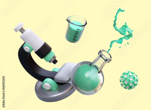 Realistic microscope, flask with green liquid, splash, beaker, virus, bacterium. Concept of microbiological research. Search for drugs. Pharmaceutical experiments