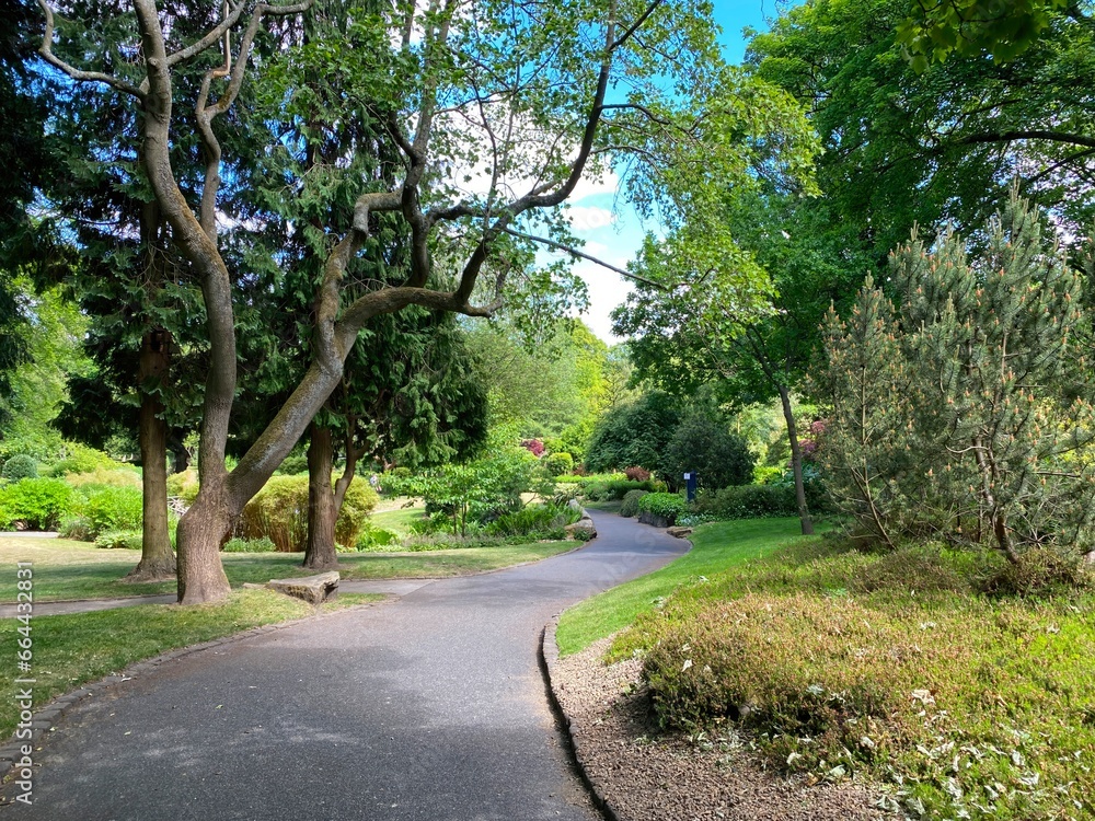 Parkland, with a footpath, old trees, plants and flowers in, Lister Park, Bradford, UK Parkland, with a footpath, old trees, plants and flowers in, Lister Park, Bradford, UK