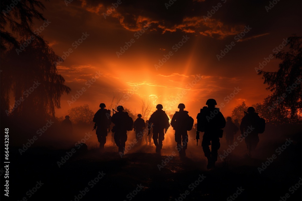 Troop silhouettes emerge within the turbulent theater of military conflict Troop silhouettes emerge within the turbulent theater of military conflict